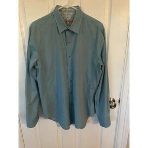 Robert Graham Mens Shirt Large Teal Flowered Cuff Tailored Fit Long Sleeve